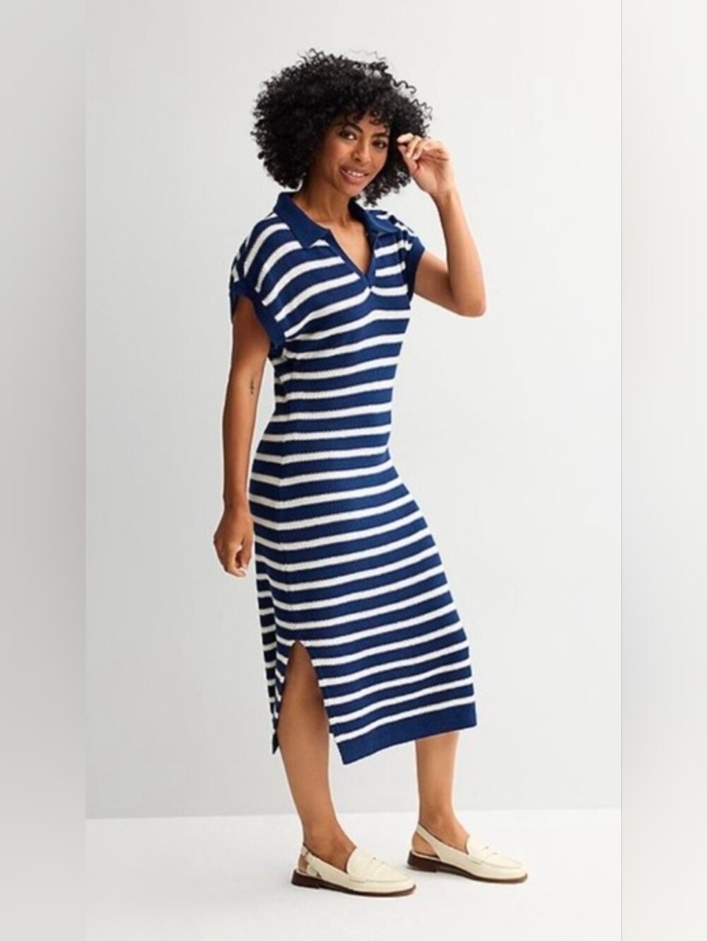 Sonoma Navy and White Striped Polo Midi Dress Coastal Nautical Beach Resortwear